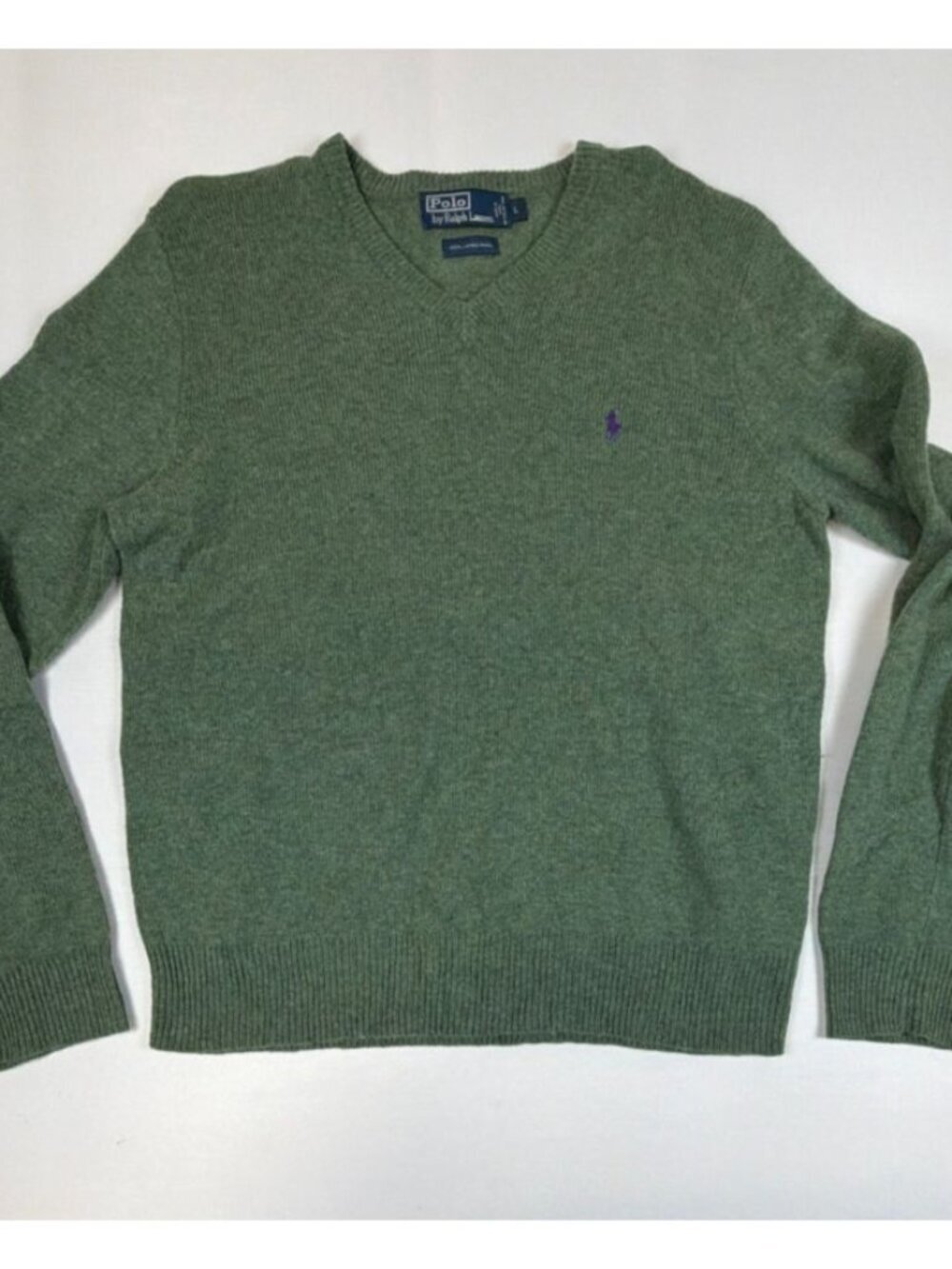 Polo Ralph Lauren Men Large Green 100% Lambswool V-Neck Sweater